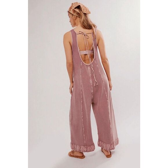 Free People Callie One-Piece Jumpsuit Wide-Leg Waffle Rose FP ONE M NEW - Picture 2 of 2
